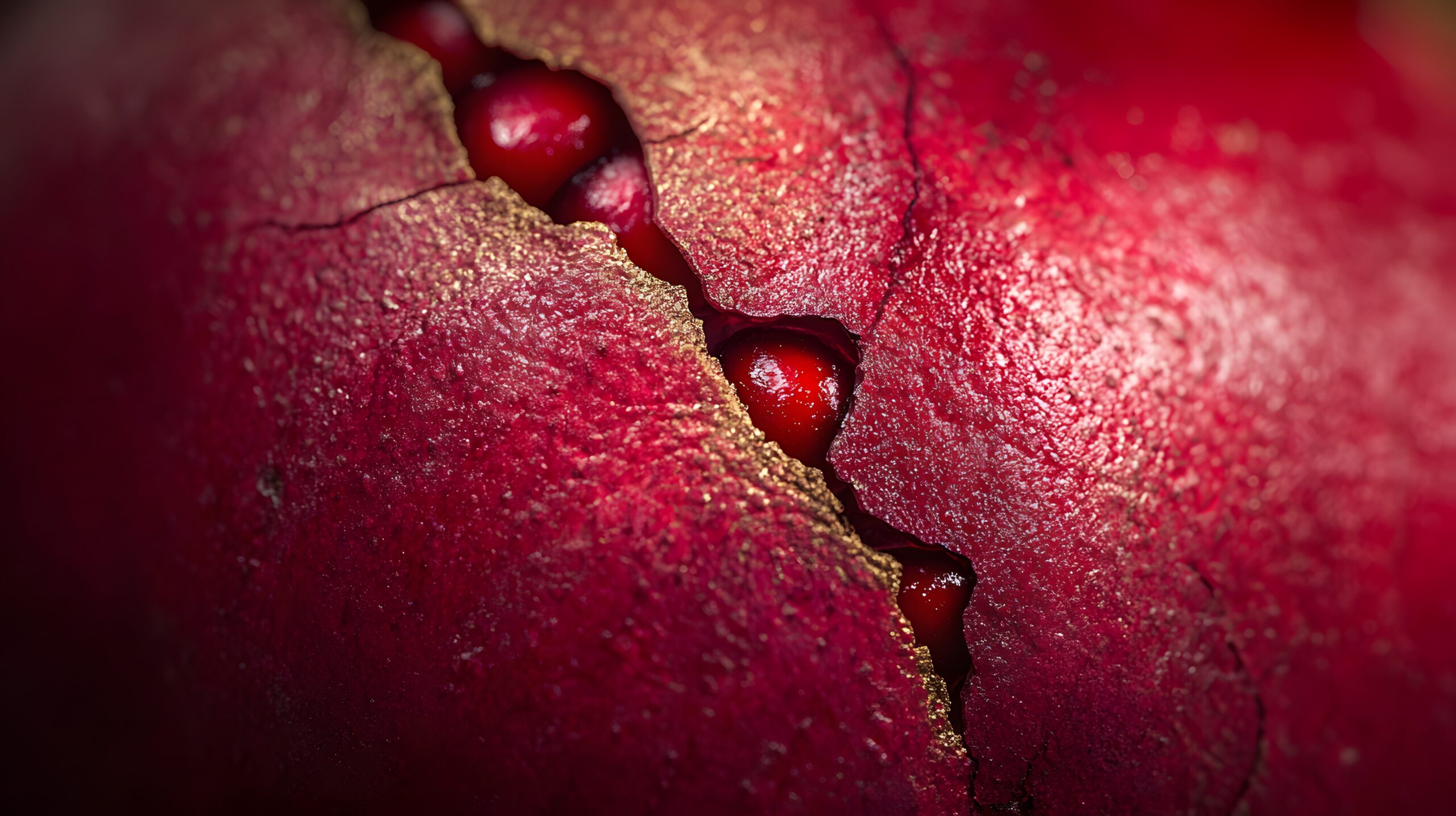 close up shot of a ripe pomegranate fruit bursting open revealing its seeds