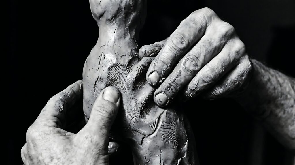 close up black and white shot of a person's hands sculpting a clay figure against a dark background.